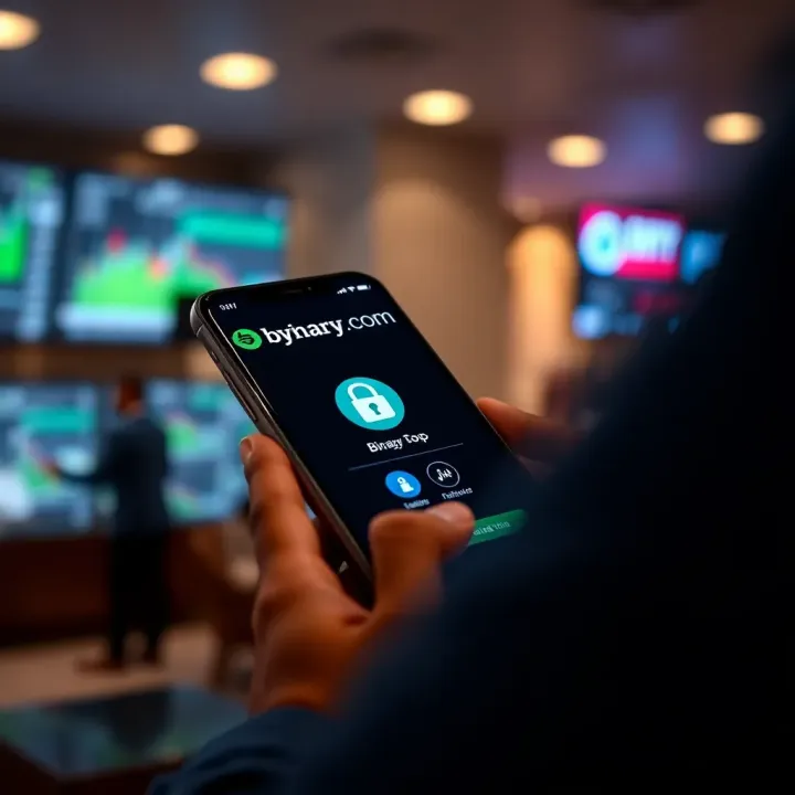 Mobile device showing Binary.com trading platform access with security icons