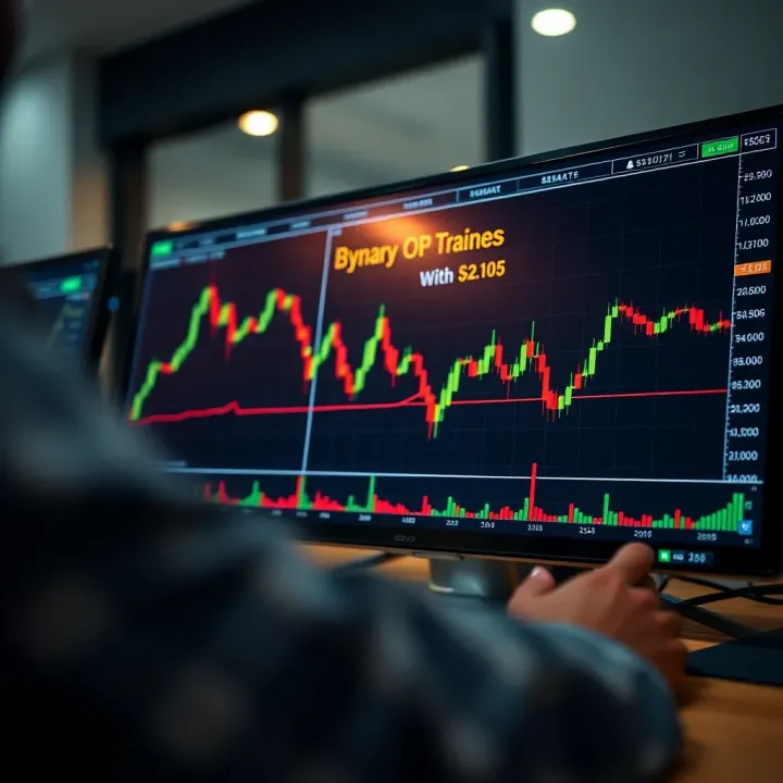 Illustration of a digital trading platform interface displaying binary options charts and candlestick patterns