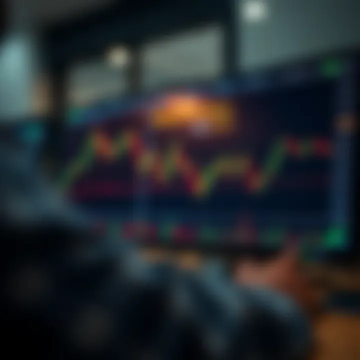 Illustration of a digital trading platform interface displaying binary options charts and candlestick patterns