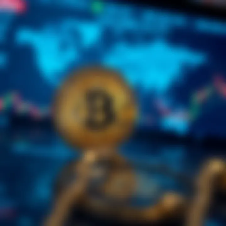 Digital representation of Bitcoin with overlay of market indicators and global financial data