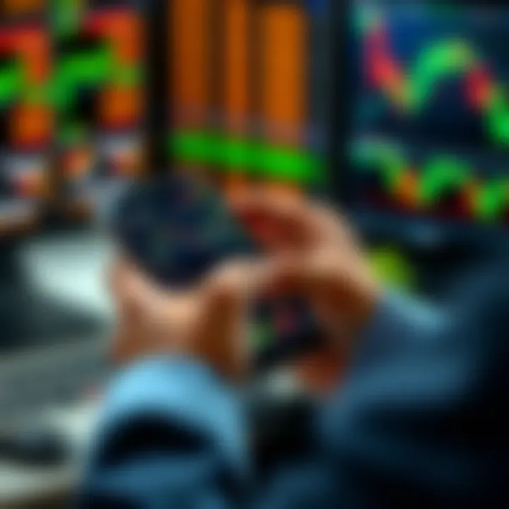 User analyzing trading charts on a mobile device with financial data and graphs displayed