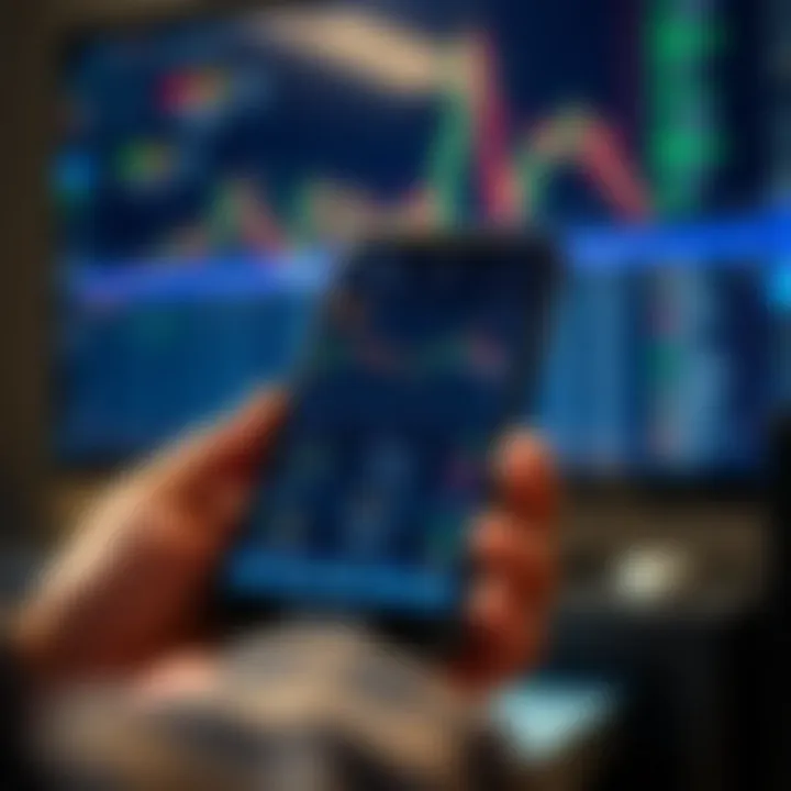 Smartphone displaying a forex trading app interface with currency charts and trading options