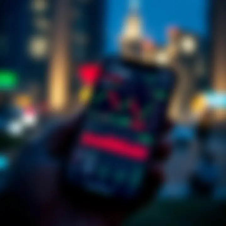 Mobile phone displaying stock market trading application interface with charts and data