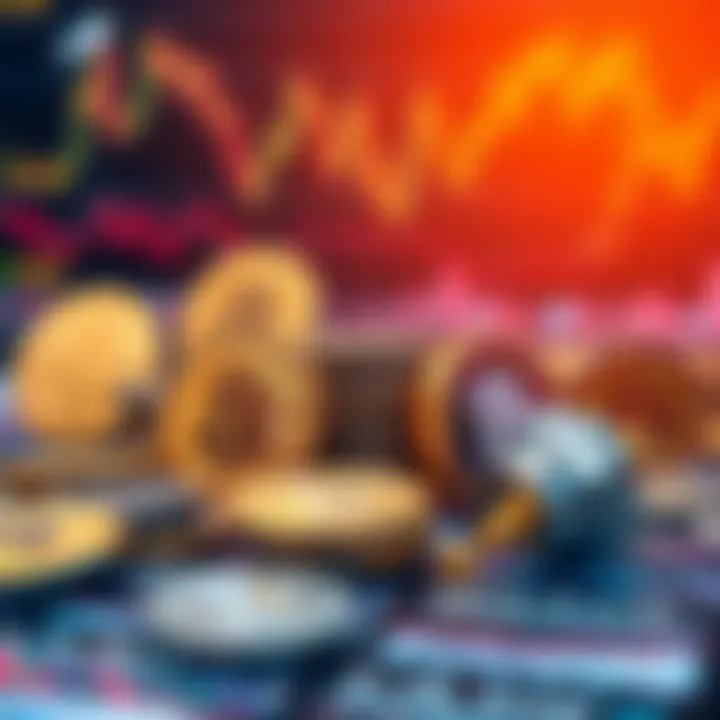 Collection of cryptocurrency icons with tools and graphs representing trading strategies and risk management