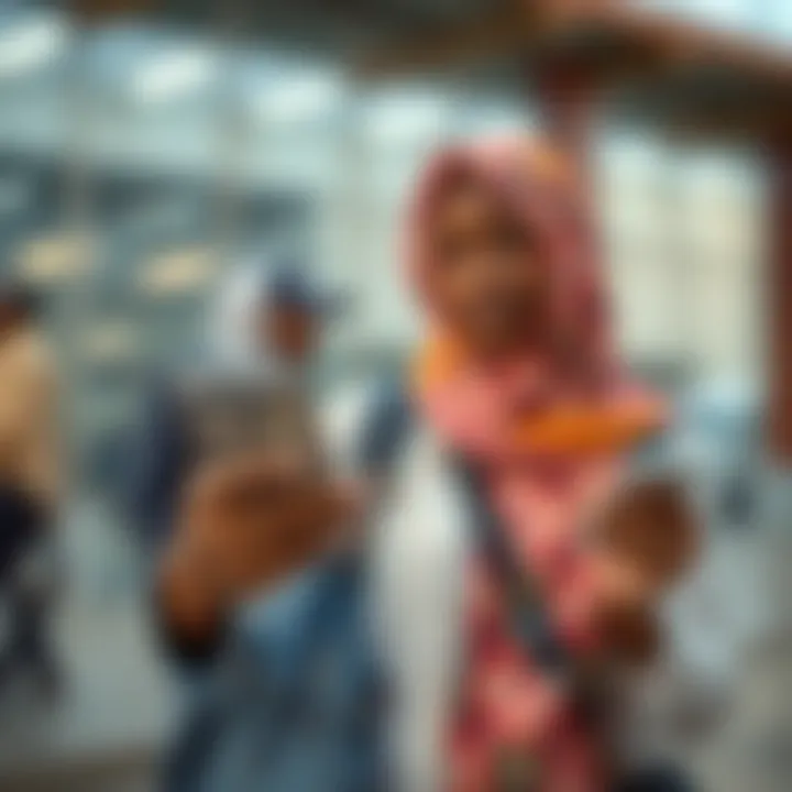 Traveler using a mobile app to check currency conversion and fees for US dollars to Kenyan shillings