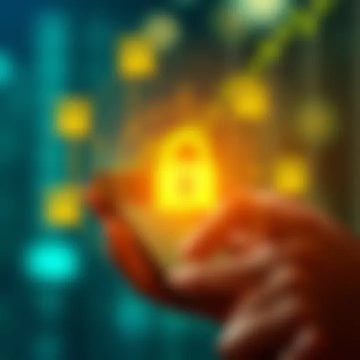 Illustration of secure mobile transaction with digital encryption symbols