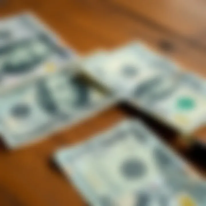 Close-up of Kenyan shilling banknotes and US dollar bills laid out on a wooden surface