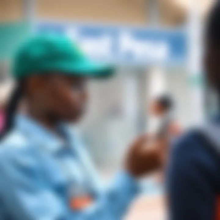 Fast Pesa Agent Facilitating Mobile Transactions Fast Pesa agent assisting customer with mobile money transaction using smartphone