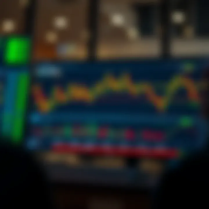 Illustration of trading platform with charts, indicators, and buy-sell options