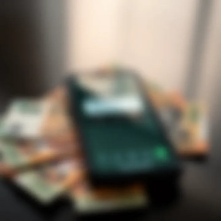 Mobile phone showing FX Pesa digital currency exchange interface beside Kenyan shilling notes