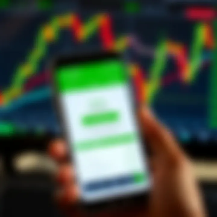 Mobile phone displaying M-Pesa app with forex trading charts in the background