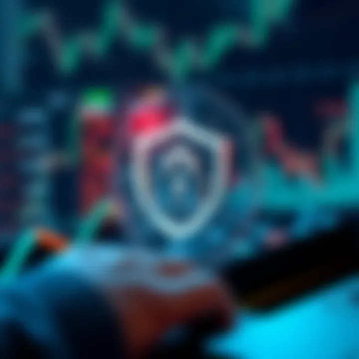 Visual representation of secure online trading with shield and digital security elements