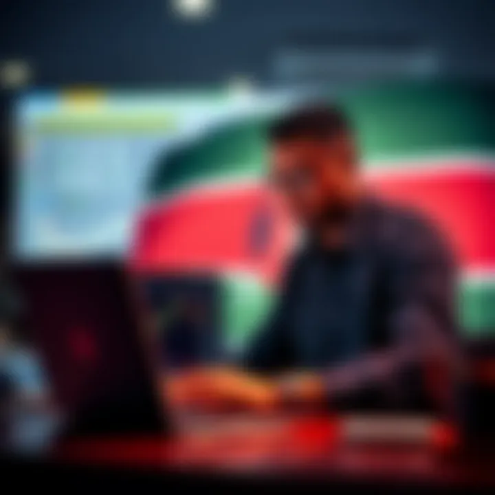 Illustration of Kenyan trader analyzing market trends on a laptop with Kenyan flag in the background