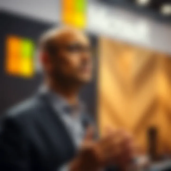 Satya Nadella speaking at a technology conference with Microsoft branding in the background