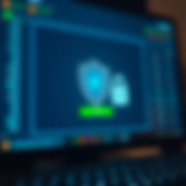 Secure login authentication with shield icon and digital padlock symbol on a computer screen