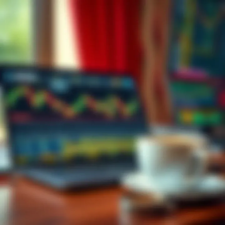 A laptop screen displaying forex trading charts with Kenyan currency symbols and a cup of coffee nearby