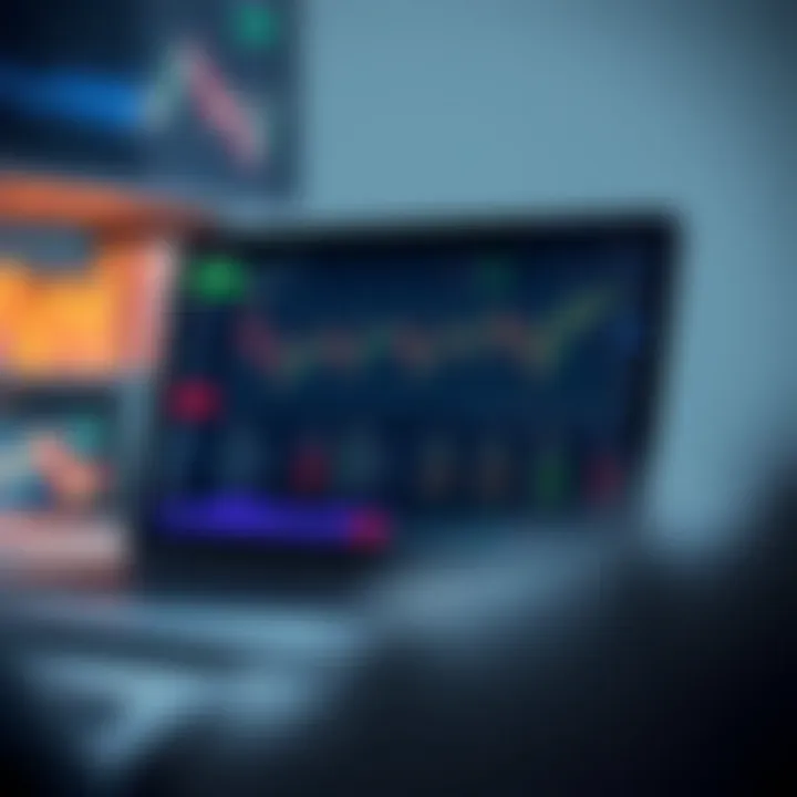 Illustration of a laptop screen displaying binary options platform with trade types and charts