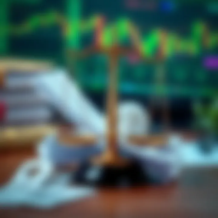 Conceptual representation of legal scales balancing regulatory documents and financial icons related to binary trading in Kenya