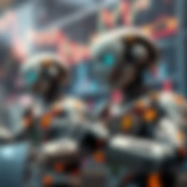 Conceptual illustration of forex bots interacting with currency symbols and financial charts