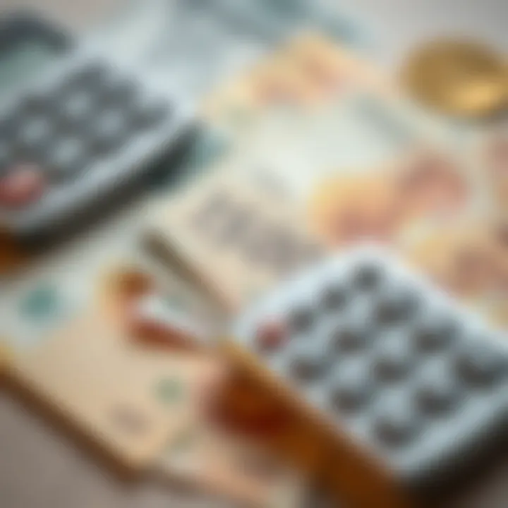 Calculator and currency notes depicting financial calculations for currency conversion