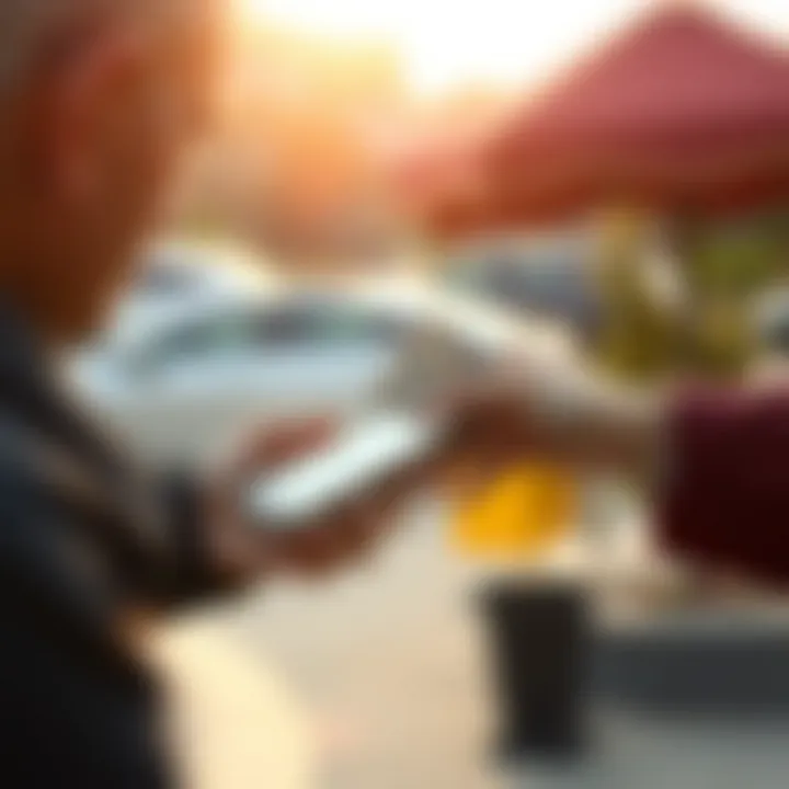 Person securely exchanging cash using a mobile payment app outdoors