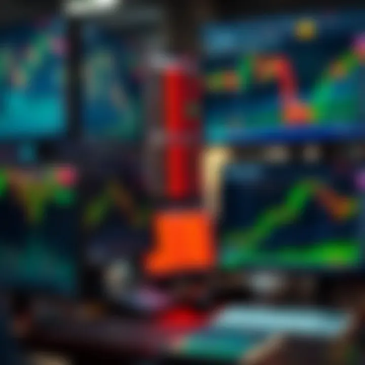 Close-up view of multiple financial charts displayed on monitors with trading software