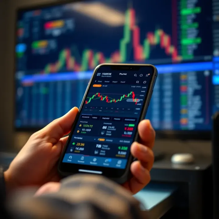 Forex Trading App Interface on Mobile Device Smartphone displaying a forex trading app interface with currency charts and trading options