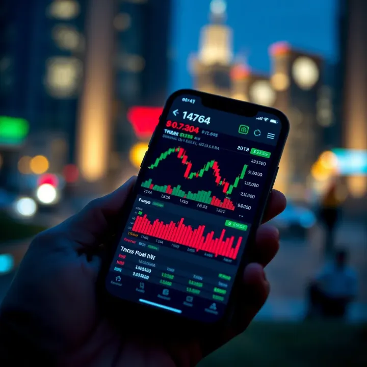 Mobile phone displaying stock market trading application interface with charts and data