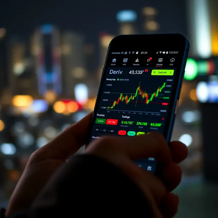 Android smartphone displaying the Deriv app interface with trading charts and controls