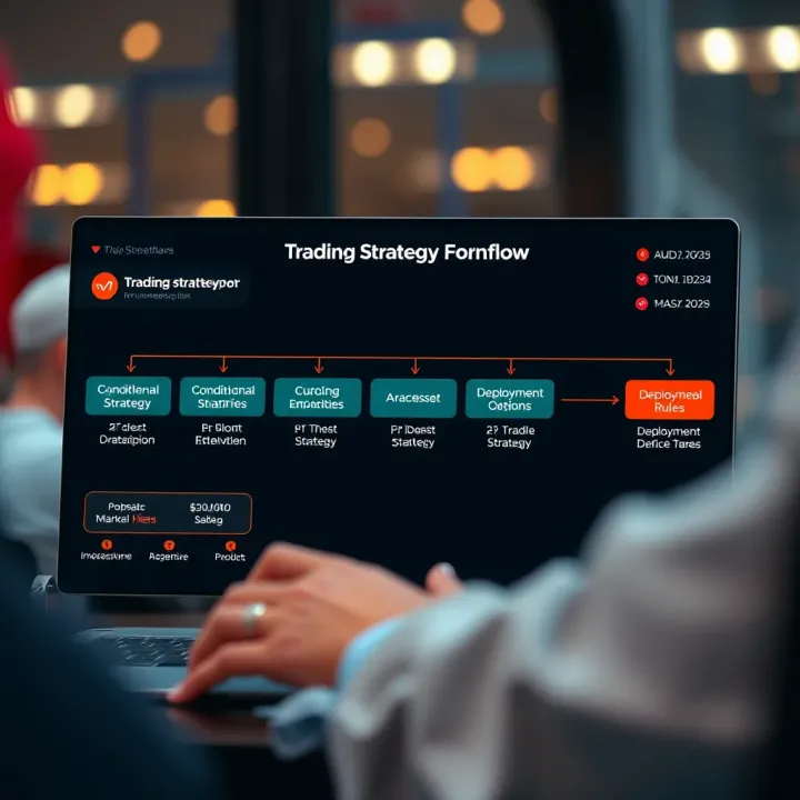 Graphical representation of a trading strategy workflow with conditional rules and deployment options