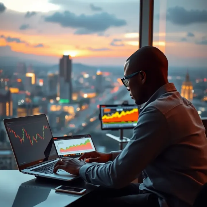 Digital illustration showing a Kenyan investor analyzing financial charts on a laptop with a backdrop of Nairobi city skyline