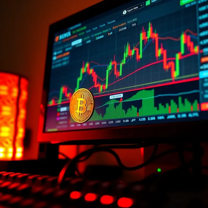 Cryptocurrency trading interface showcasing charts and digital currency icons on a computer screen