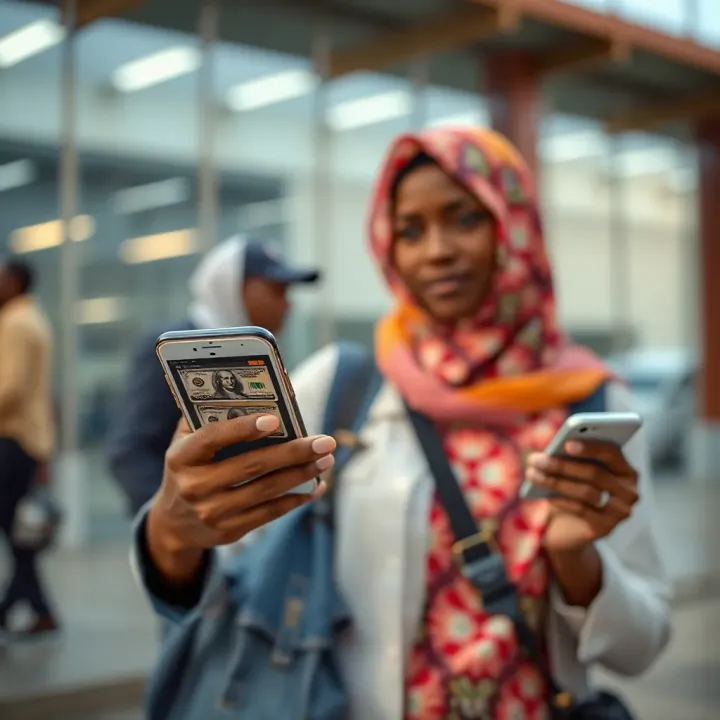 Traveler using a mobile app to check currency conversion and fees for US dollars to Kenyan shillings