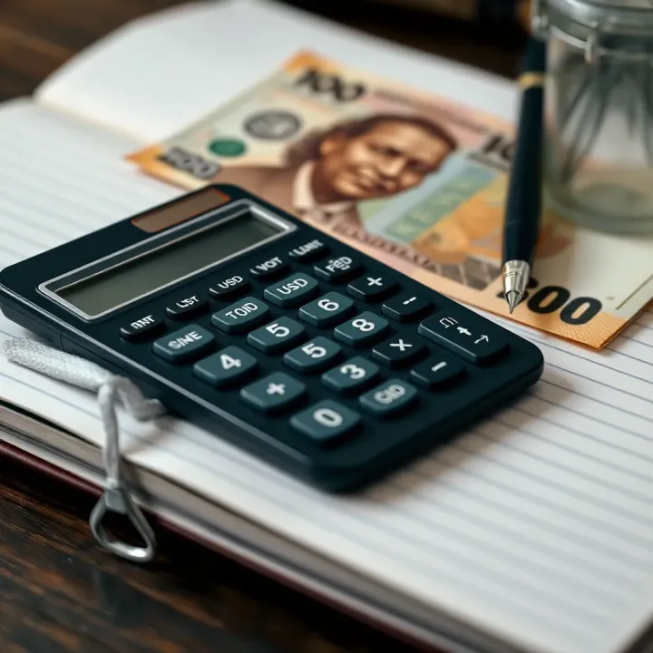 Calculating the Value of US Dollars in Kenyan Shillings Calculator and notebook with pen showing currency conversion calculations alongside Kenyan shilling notes
