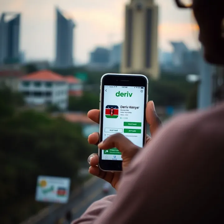 Mobile phone displaying the Deriv app download page with Kenyan flag icon