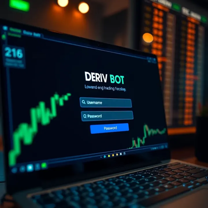 User interface displaying Deriv Bot login screen with input fields for username and password