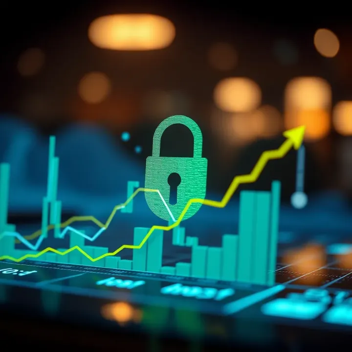 A graphical representation of safe online trading with a lock symbol and growing investment chart