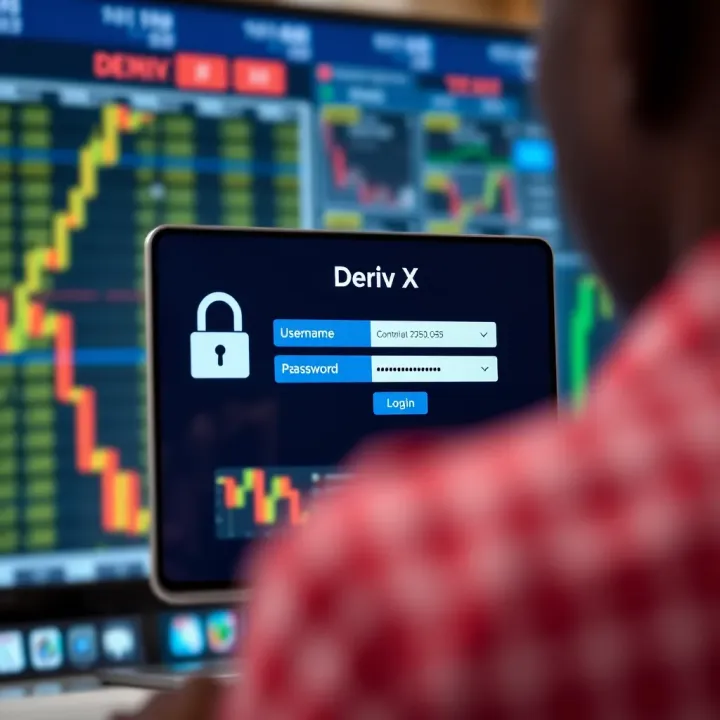 Secure login interface of Deriv X platform showing username and password fields on a digital device screen