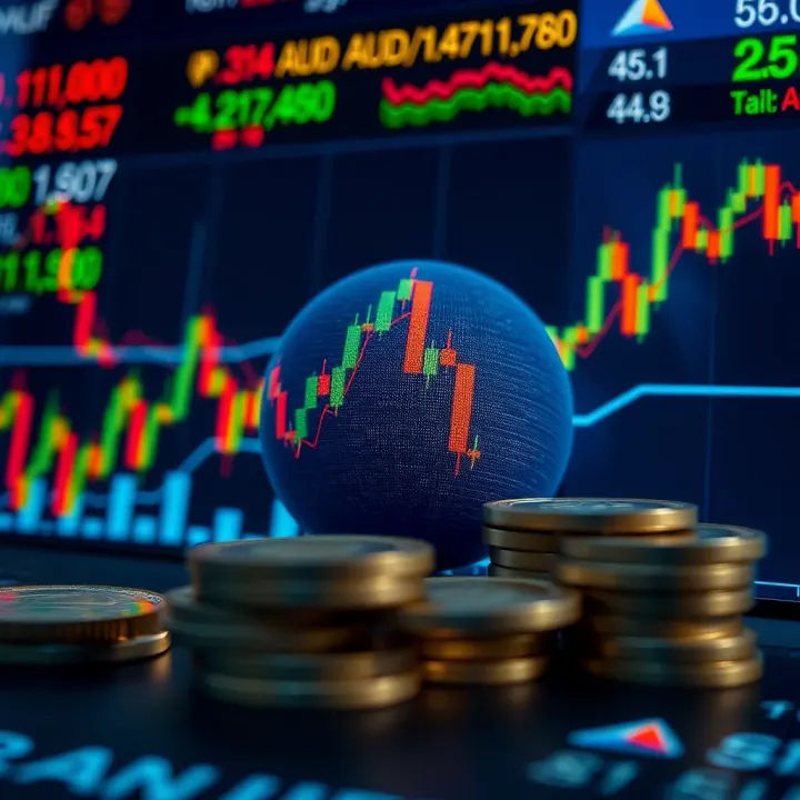 Illustration of economic indicators impacting AUD/USD exchange rate including charts and currency symbols