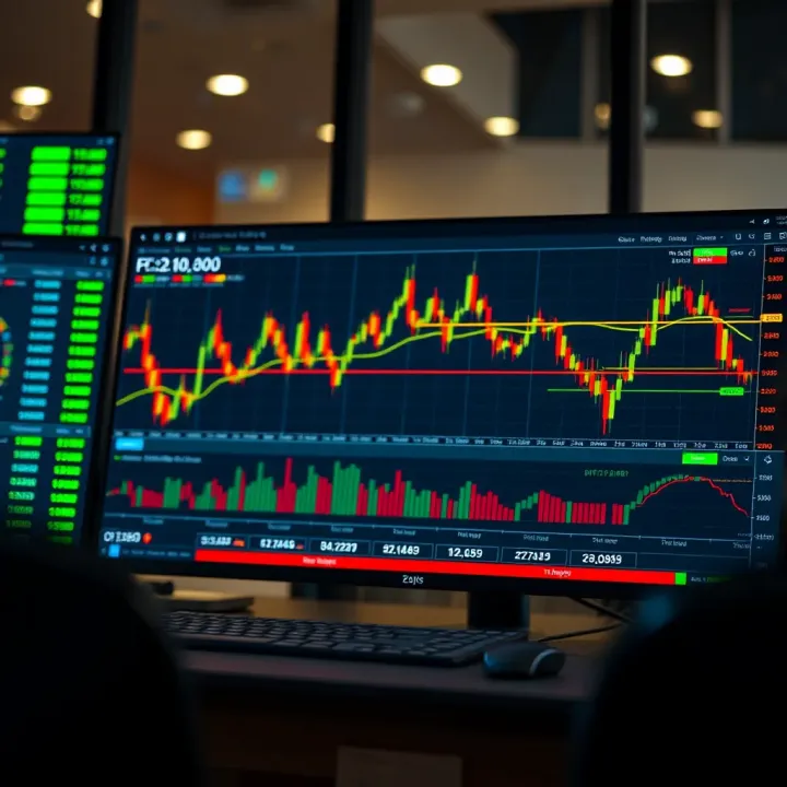 Illustration of trading platform with charts, indicators, and buy-sell options