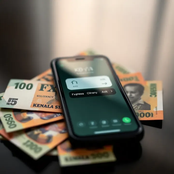 Mobile phone showing FX Pesa digital currency exchange interface beside Kenyan shilling notes