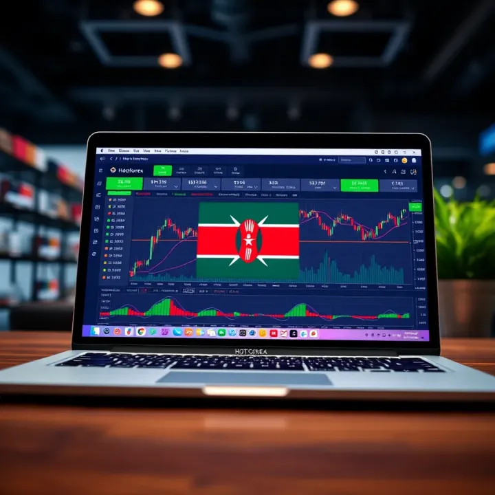 Laptop screen showing HotForex trading platform with currency charts and Kenyan flag