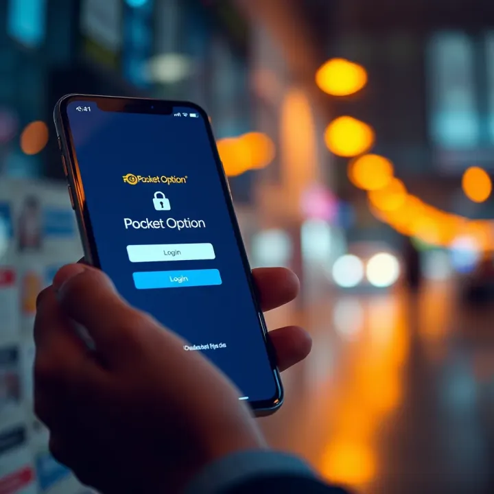 Using Pocket Option Mobile Login Mobile phone displaying Pocket Option app login screen with security icons