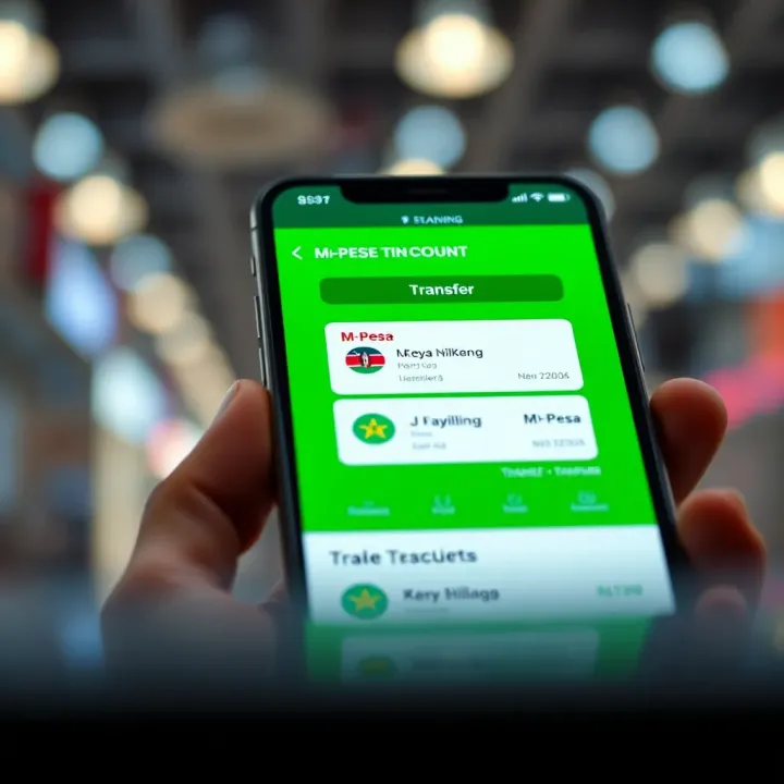 M-Pesa Transfer Screen for Funding Trading Account Mobile phone screen illustrating M-Pesa transfer menu with Kenya shilling transfer details
