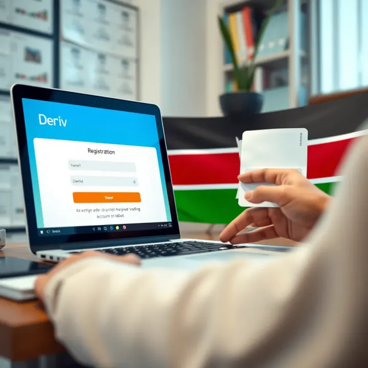Deriv Account Registration Interface for Kenyan Traders User signing up on Deriv platform using a laptop with Kenyan flag visible