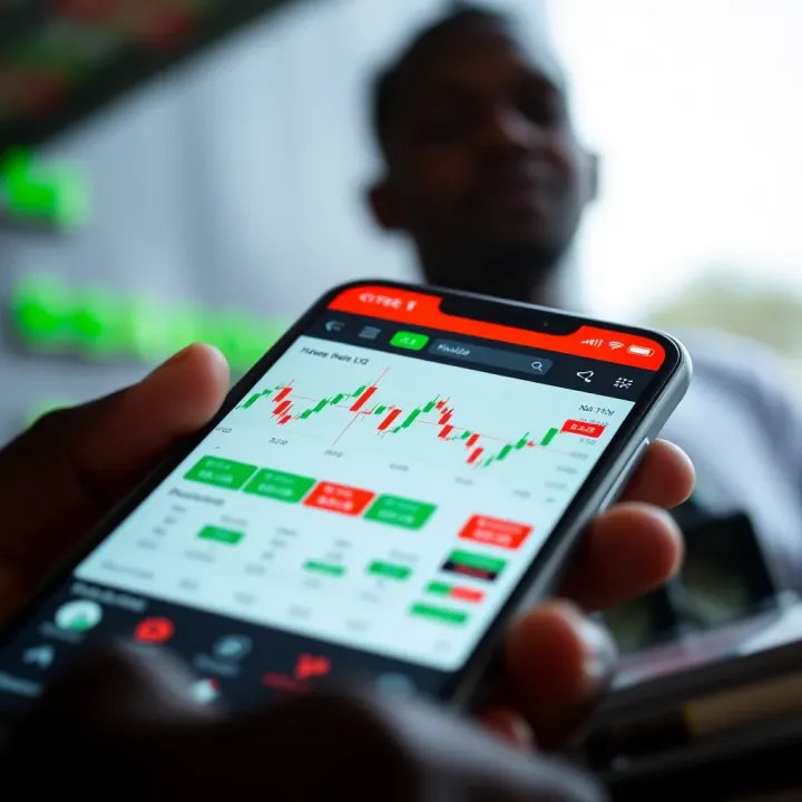 Forex Trading App Interface on Mobile Phone in Kenya Mobile phone displaying a forex trading app interface with currency charts and real-time market data in Kenya