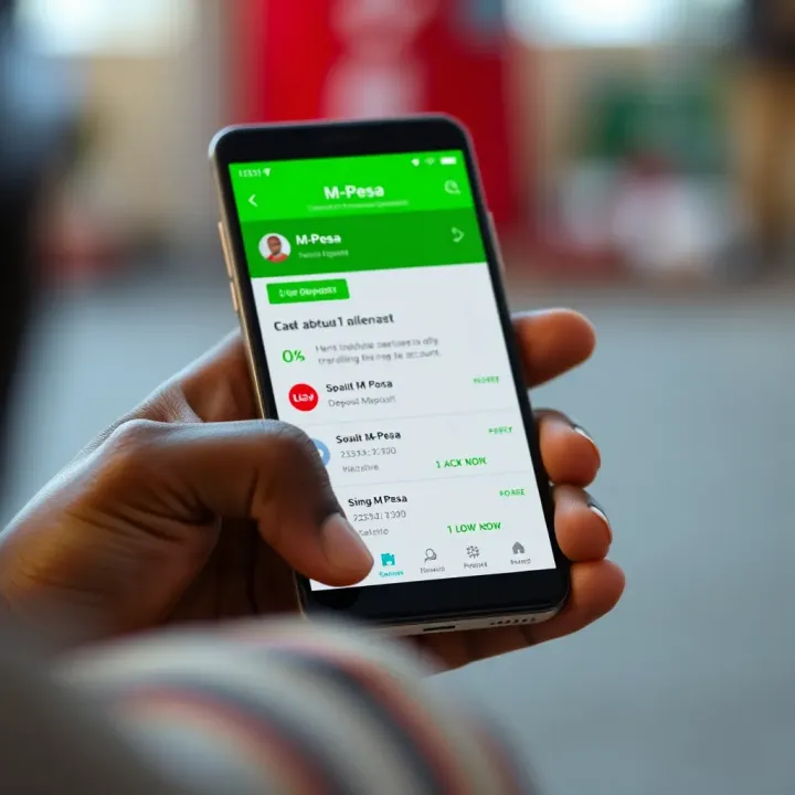 Mobile phone with M-Pesa app showing seamless deposit options for funding a forex trading account