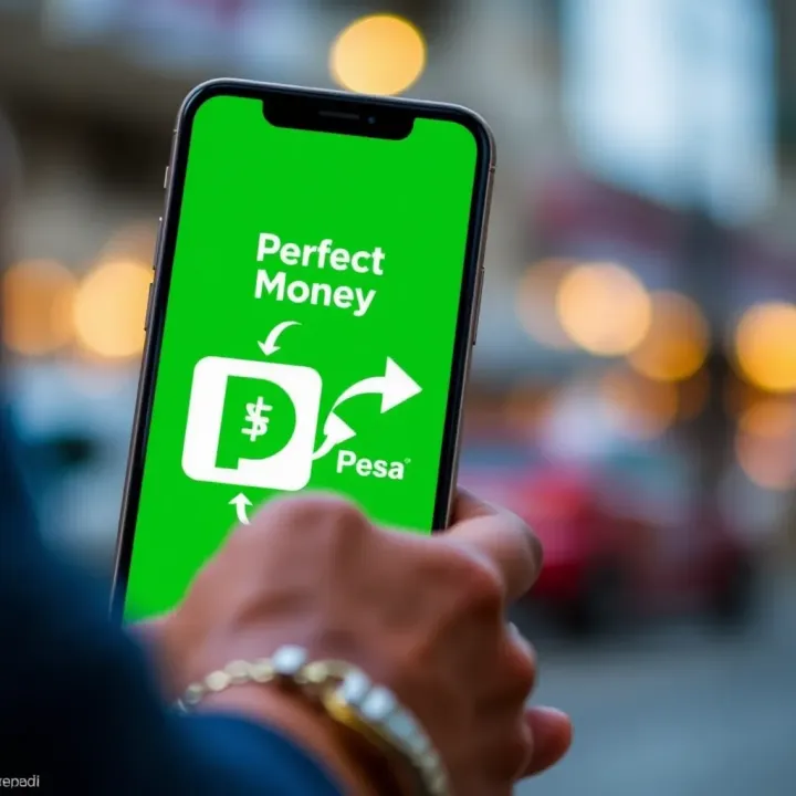Smartphone displaying Perfect Money and M-Pesa logos with arrows indicating fund transfer