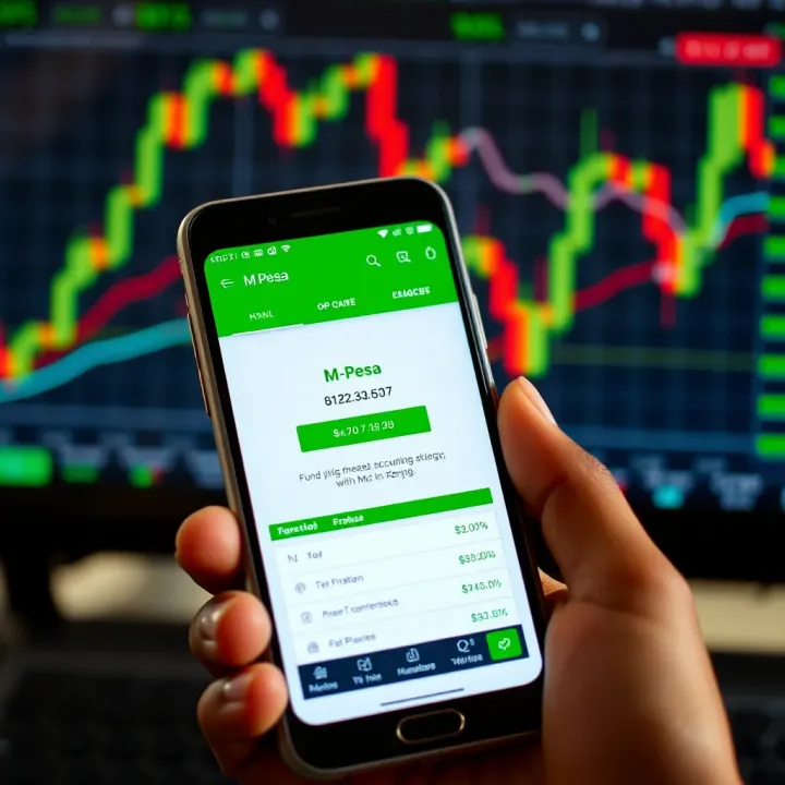 Mobile phone displaying M-Pesa app with forex trading charts in the background