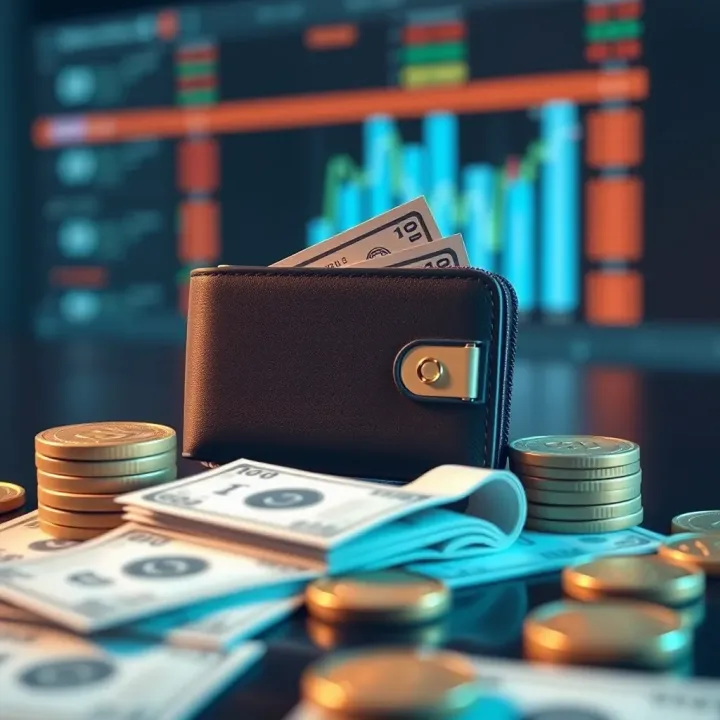 Illustration of a digital wallet with cash and coins symbolizing instant withdrawal of bonuses
